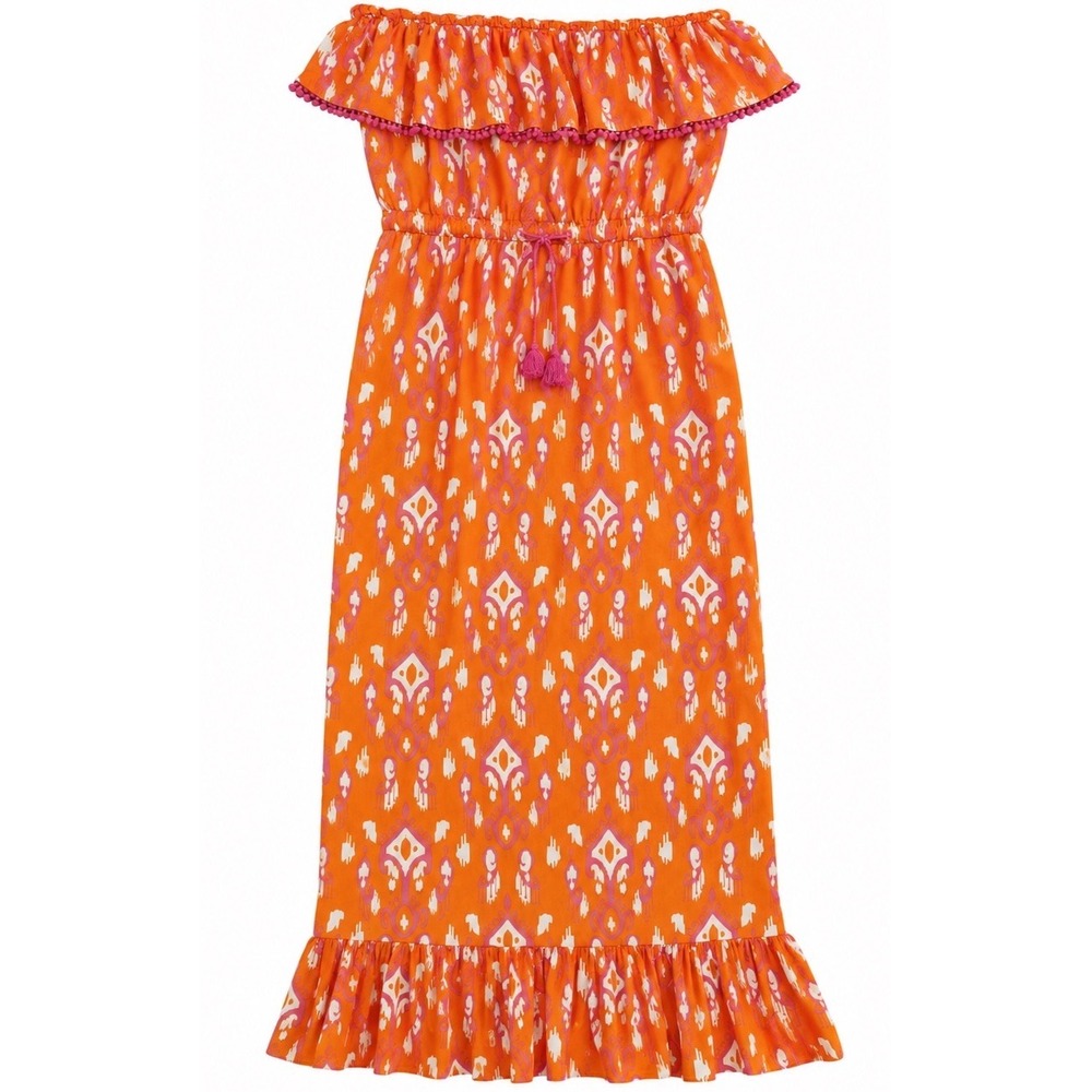 Mud Pie Bay Lane Ikat Strapless Maxi Dress Pom Pom Tassel XL Vacation Boho
